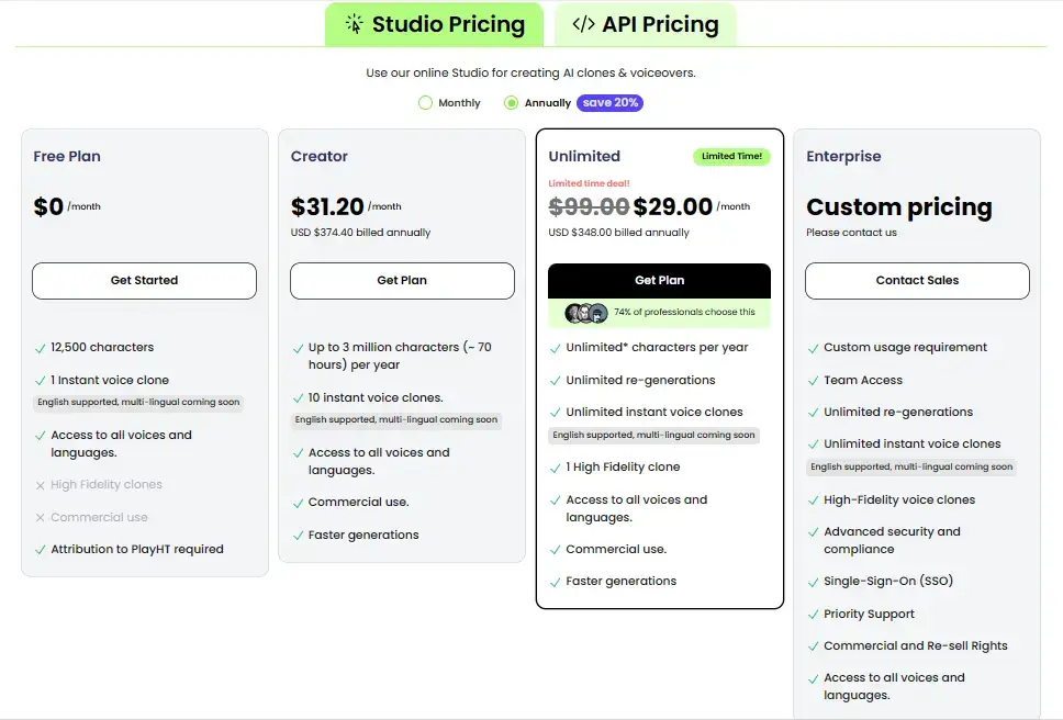 Play.ht Pricing Plans